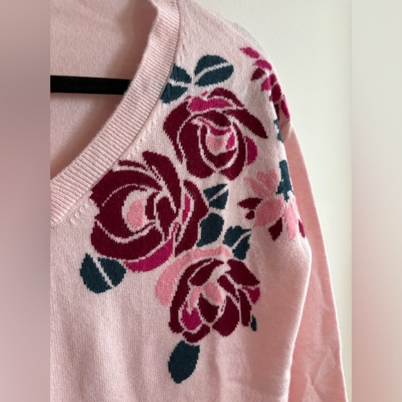Lemonwood Wool-Cashmere Pink Floral V-neck Pullover Sweater Size Small - Picture 2 of 8